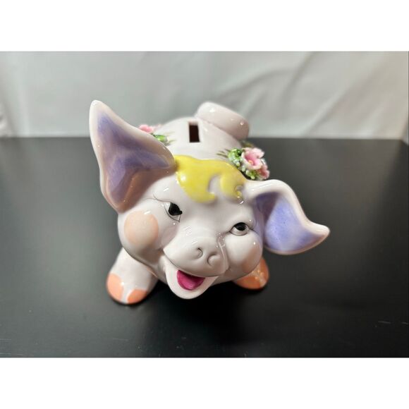 Vintage Lefton Piggy Bank Pig Porcelain Figurine With 3D Flower - Picture 14 of 14